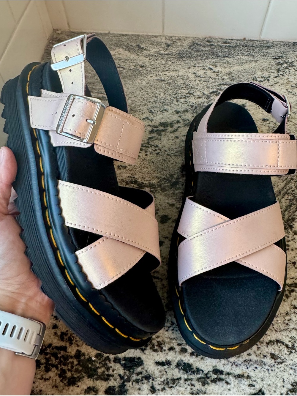 Dr. Martens Voss II Sandals in Peach Beige (opalescent powder pink). L 7. EUC.